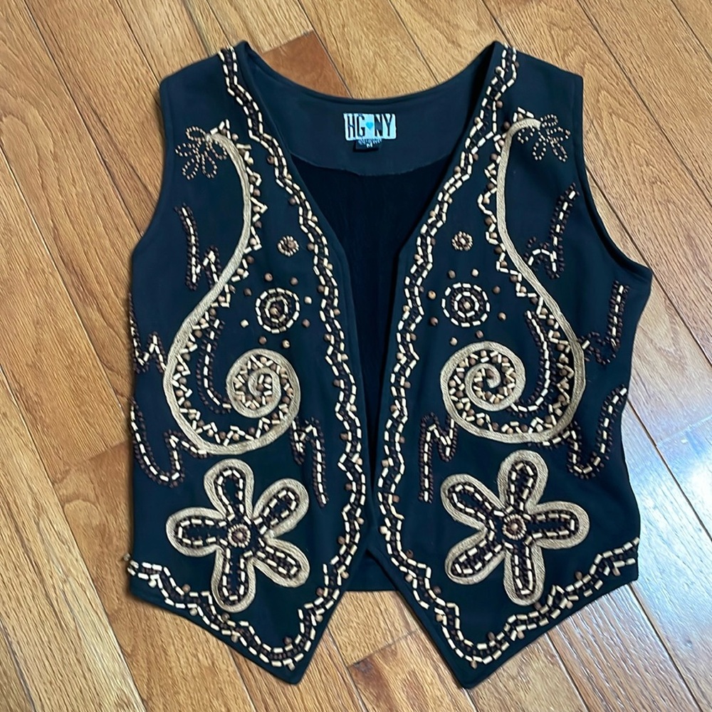 Vintage HG NY Boho Floral Wood Beaded Sleeveless Cotton Vest Size Medium